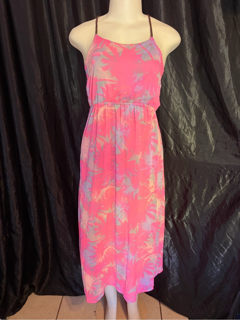 Pink Tropical Print Sundress with Spaghetti Straps
